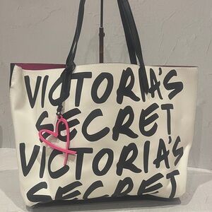 Victoria's Secret White Tote with Black Logo and Pink Heart Charm